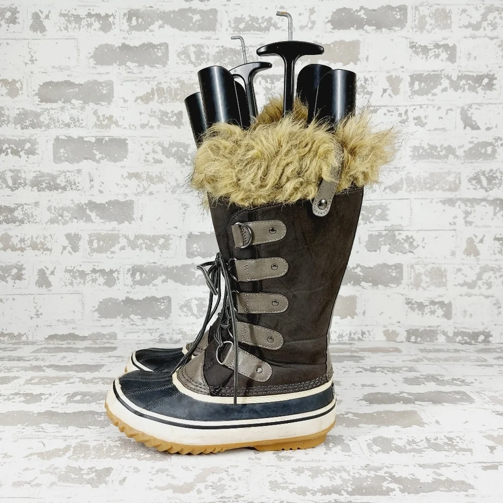 JBU Edith Gray Black Vegan Leather Faux Fur Lace Up Snow Winter Boots T544